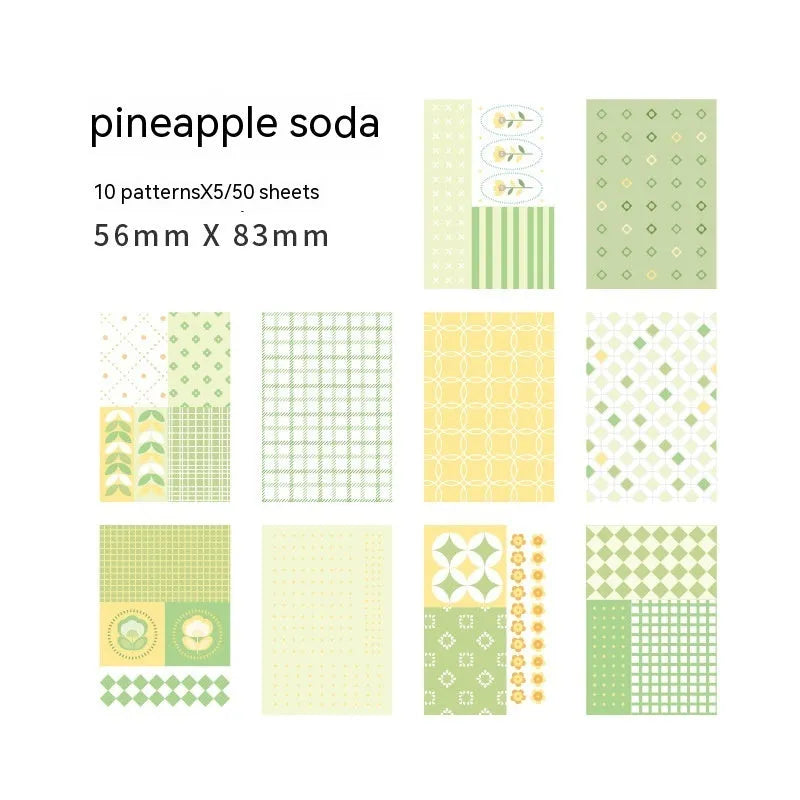 Retro collage note paper in ten pastel colours, each sheet 56mm by 83mm.