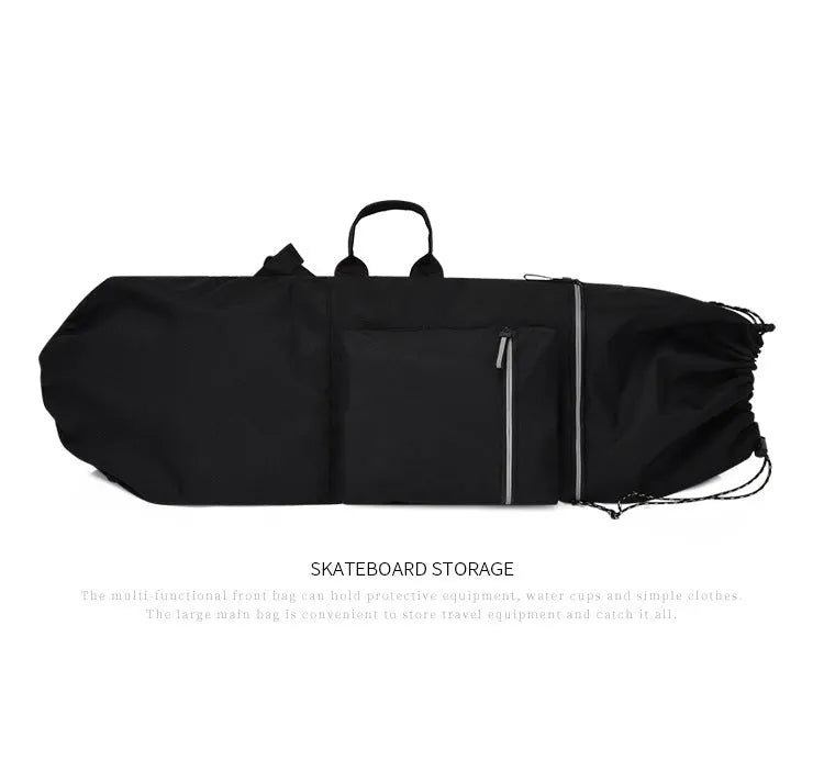 Waterproof nylon skateboard backpack with 20-35L capacity shown in camouflage colour option