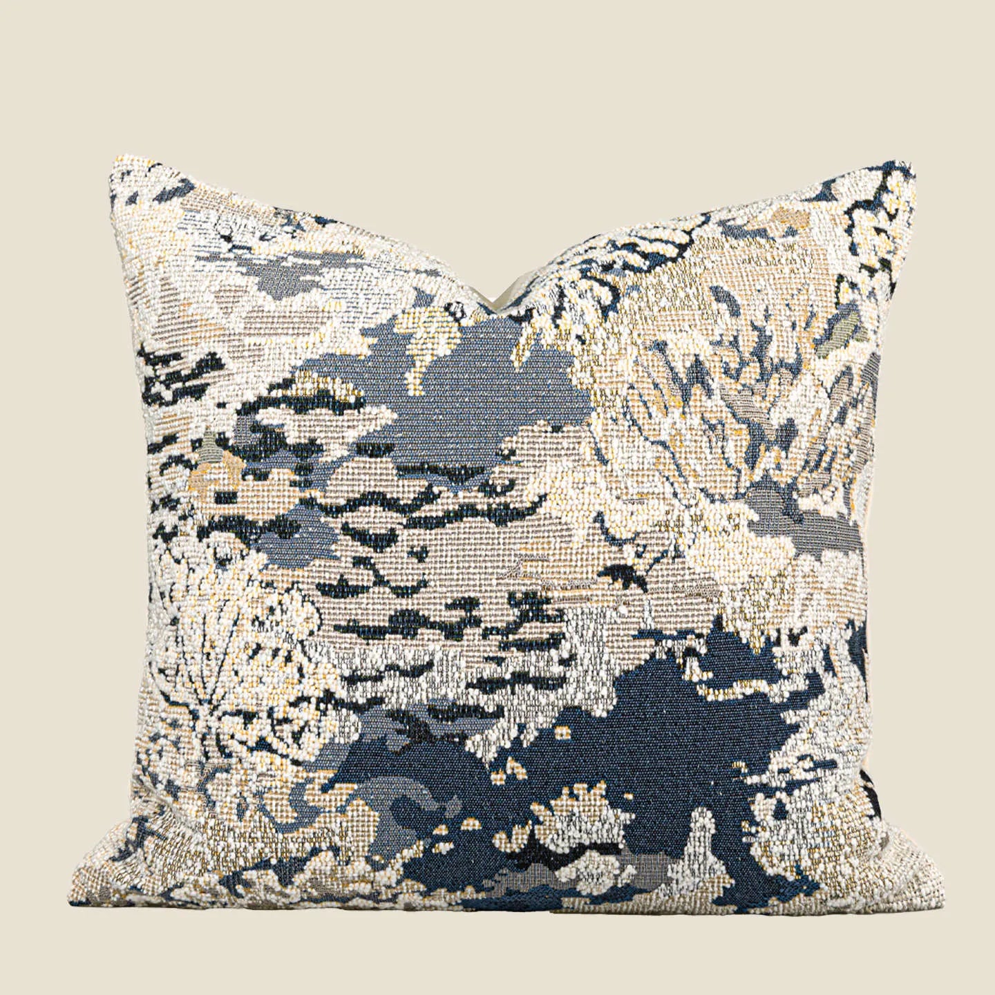 Antique blue floral patterned cushion in wool blend material showing French style design with feather velvet filler