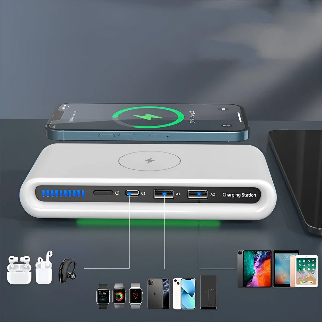 White 15W desktop wireless charger with eight colour ambient lighting modes showing phone charging