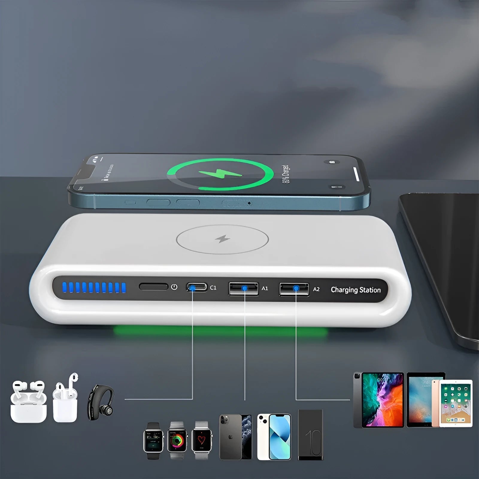 White 15W desktop wireless charger with eight colour ambient lighting modes showing phone charging