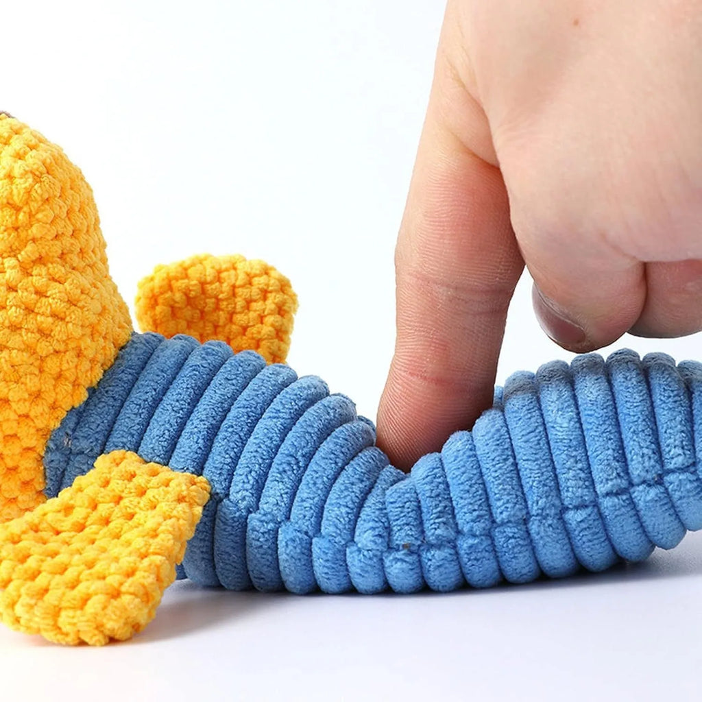 Soft plush dog chew toy in calf, frog, or puppy design with squeaker for dental care