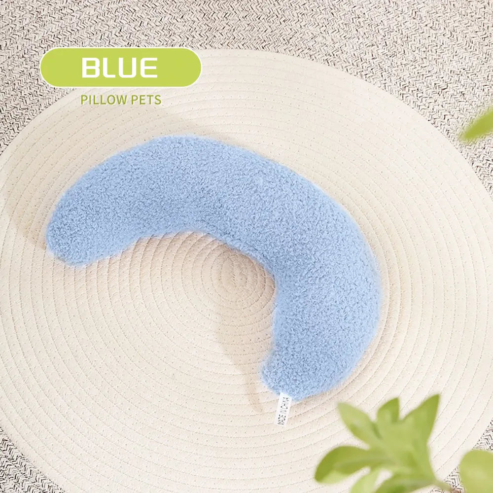 U-shaped cat pillow with adjustable collar in blue colour on blanket