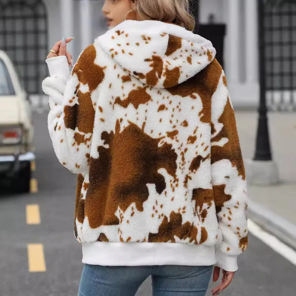 Yellow brown cow animal print hooded cardigan jacket with full zip and plush texture