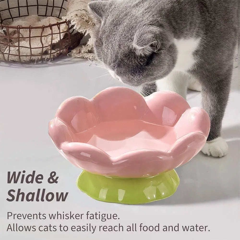 Ceramic Raised Cat Bowl Shallow Wide Flower Design Anti-Vomiting And Whisker Fatigue Non-Slip Tilted 15-Degree Angle Cute Cat Food And Water Bowls For Indoor Cats Pink