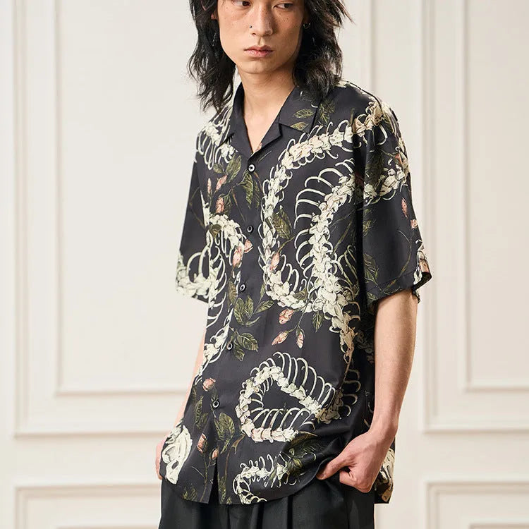 Men's snake bone pattern printed short sleeve Cuban collar shirt in loose cardigan style