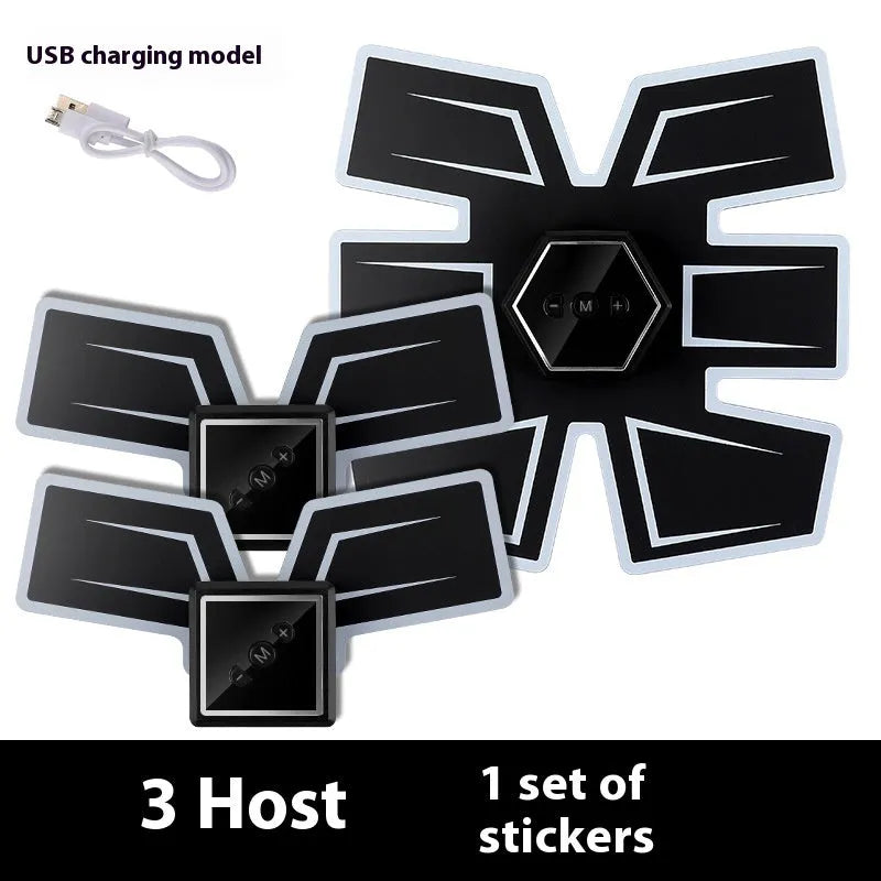 Eight abdominal massage patches for waist reduction in black and blue colours with PU leather, silicone and ABS construction