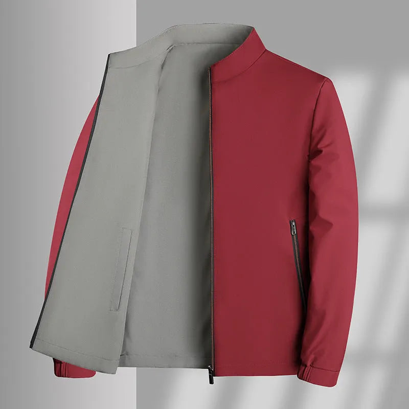 Men's double-sided stand collar casual windproof jacket in solid colour, loose fit, polyester fibre