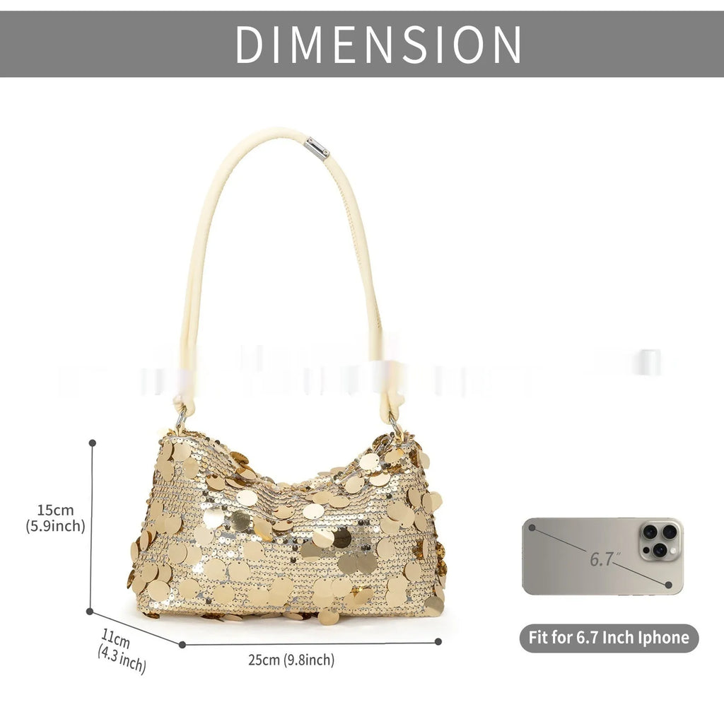 A soft polyester women's underarm crossbody bag in a metallic colour, showing sewing thread detail and a single strap.