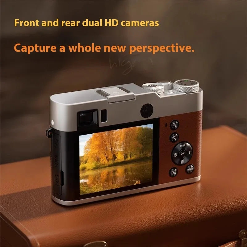 Black 5K HD digital camera with front and rear lenses and an optical viewfinder on top.