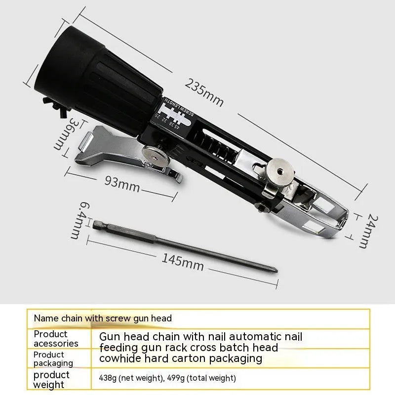 Chain screw gun head electric screwdriver kit with automatic nail gun function and 235mm metal construction