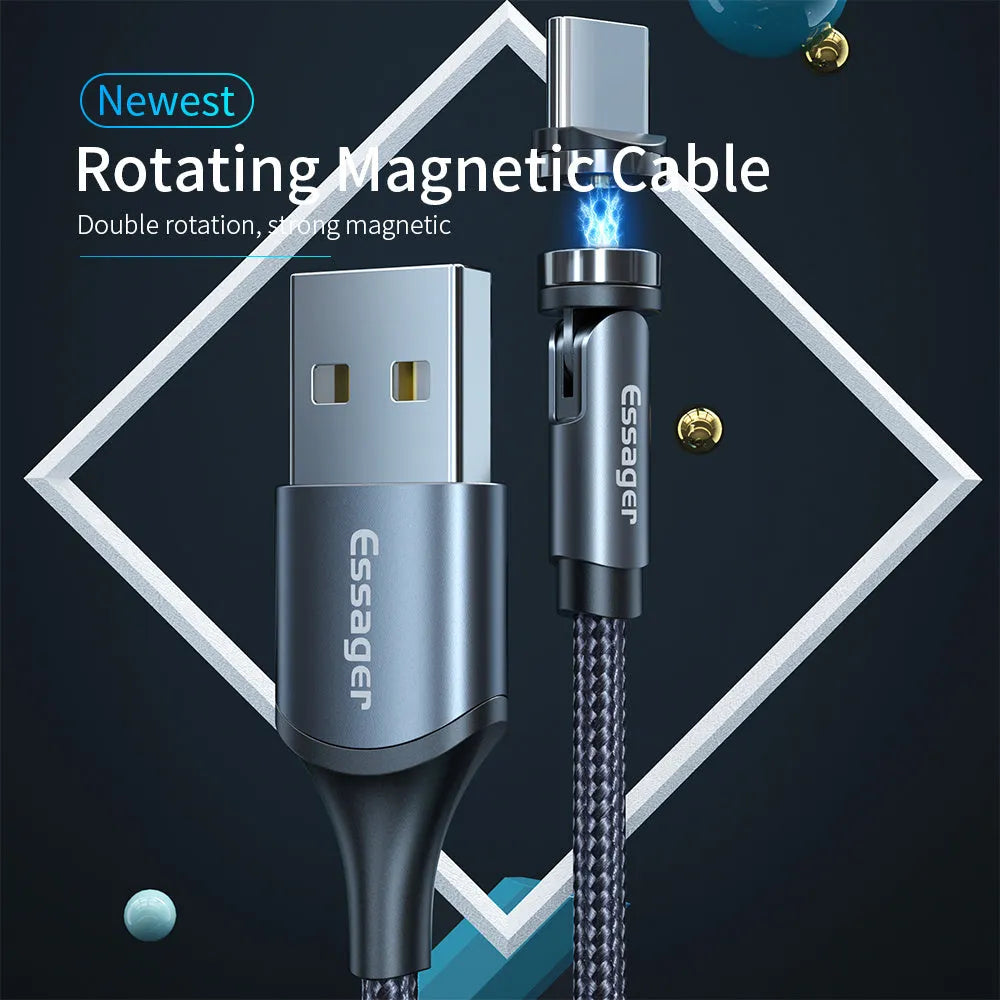 Essager black magnetic USB charging cable showing 360-degree rotating connector and blue LED light.