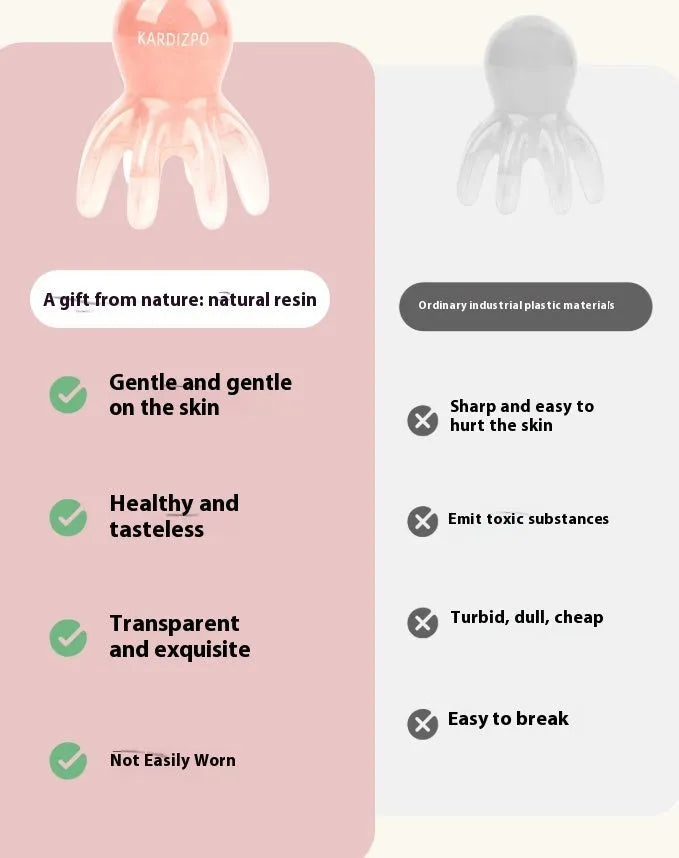 Pink natural resin octopus-shaped massage comb for periocular meridian relief with storage bag.