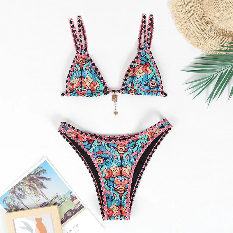 Retro printed women's bikini swimwear in bright four-colour pattern with polyester fabric