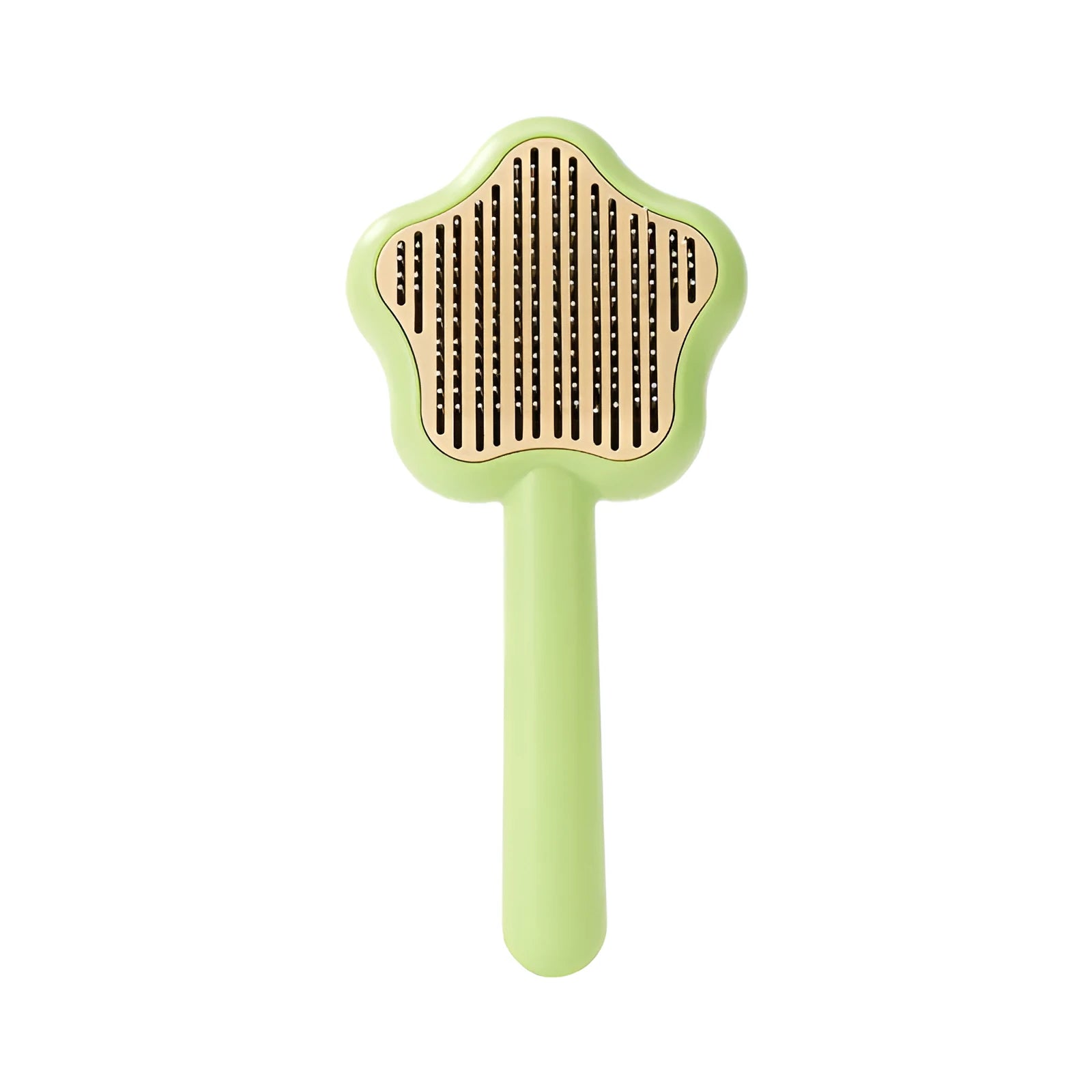 Green self-cleaning cat comb with stainless steel needle pins on a white background