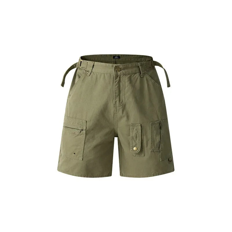 Retro washed cotton workwear shorts with zipper fly in loose fit and fifth pants length