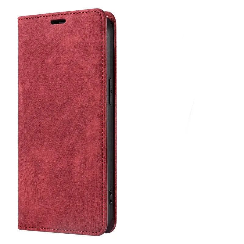 Magnetic flip leather phone case for iPhone in various solid colours, shown open and closed.
