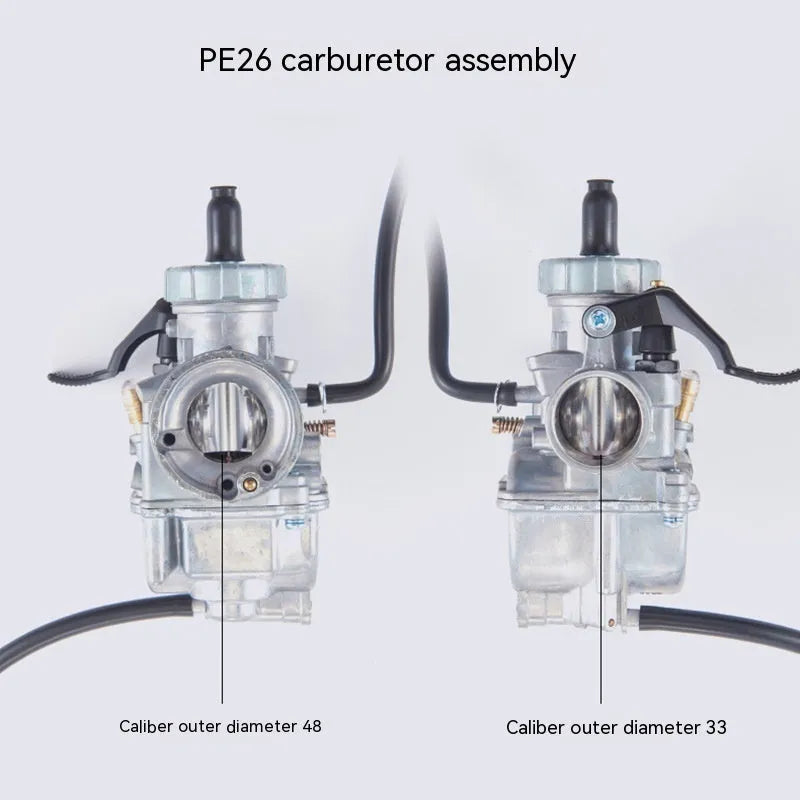 Ba Jia PE26 flat suction plunger motorcycle carburetor assembly isolated on white background.