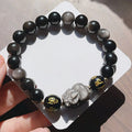 Men's natural silver stone bracelet with Chinese zodiac designs and proverb beading on adjustable band