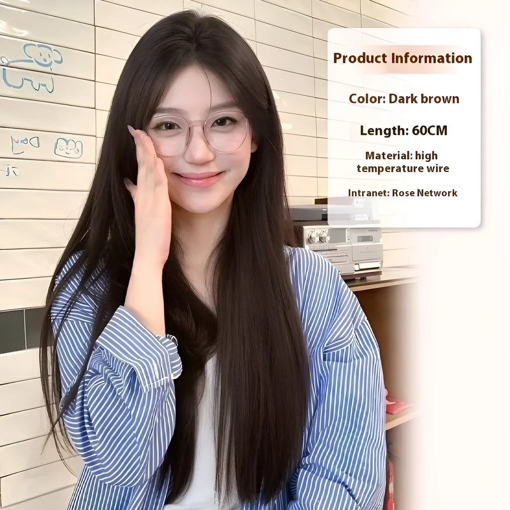 Full-head forehead lace synthetic wig in mid-length straight dark brown style for dress up.