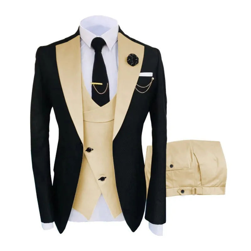 Men's slim fit cotton three-piece business suit in black with vest and trousers
