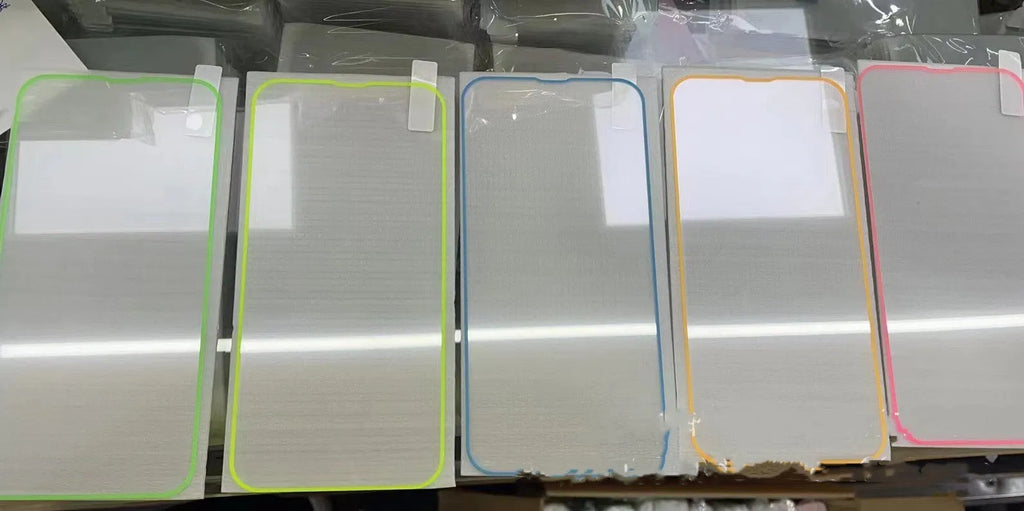 Fluorescent tempered glass screen protector for iPhone showing luminous pink, yellow, green, blue and grass green colour options.