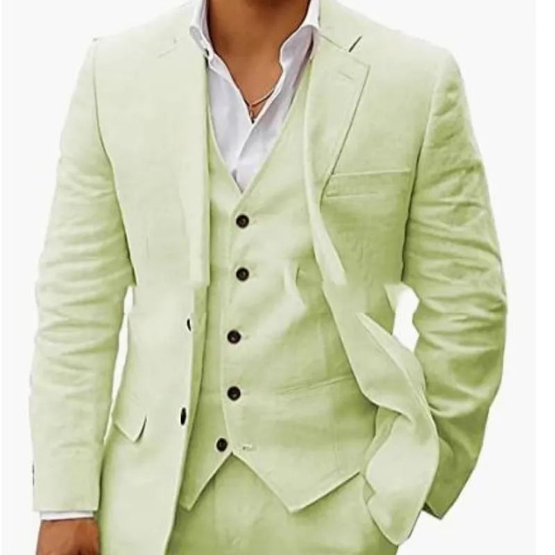 Men's linen six-piece suit set in slim fit, available in multiple colours including light green and beige