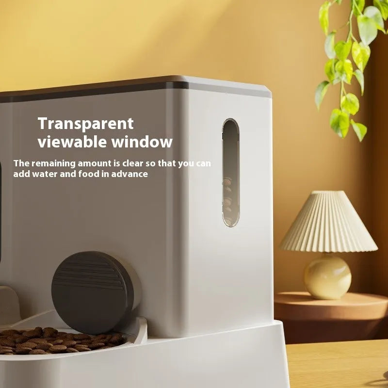 Automatic cat feeder with integrated water dispenser showing grey, green, and yellow colour options
