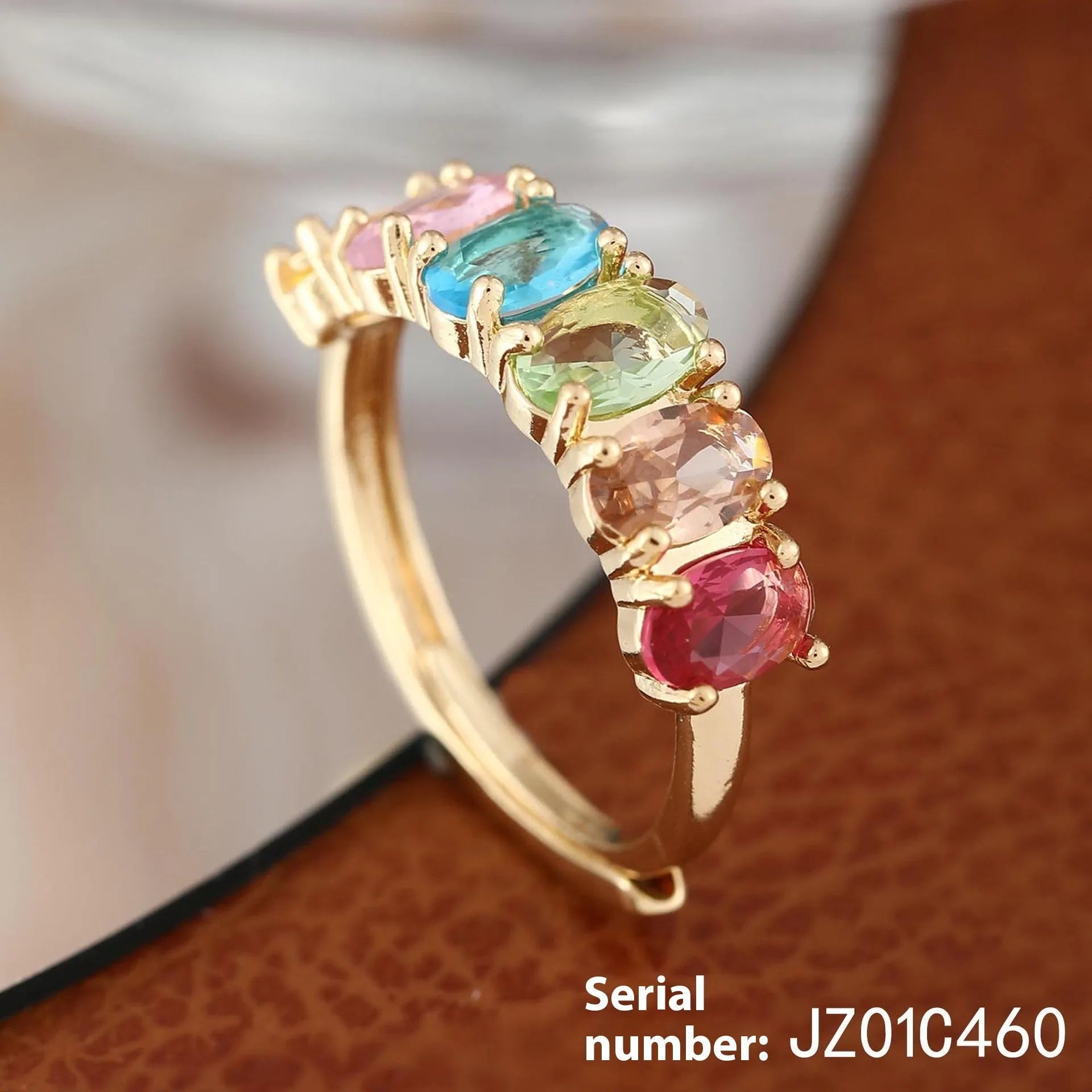 Gold electroplated adjustable women's ring with simple retro colour zircon on copper band