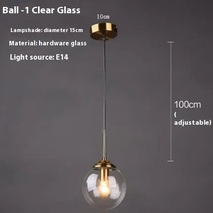 Nordic style modern round glass ball chandelier in clear, amber, smoke grey or platinum glass for living and dining rooms
