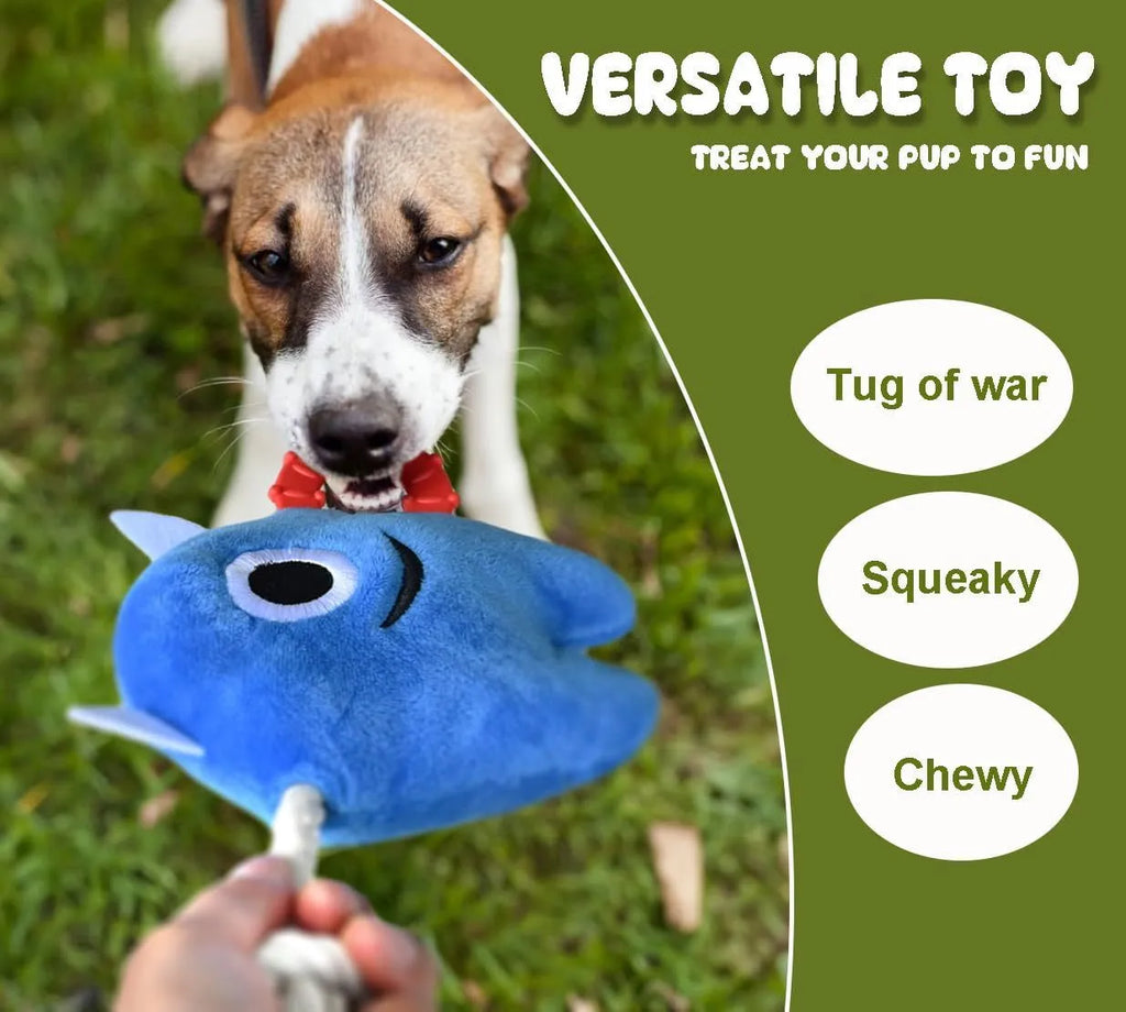 Blue and green monster-themed stuffed plush dog toy with integrated cotton rope and a squeaker.
