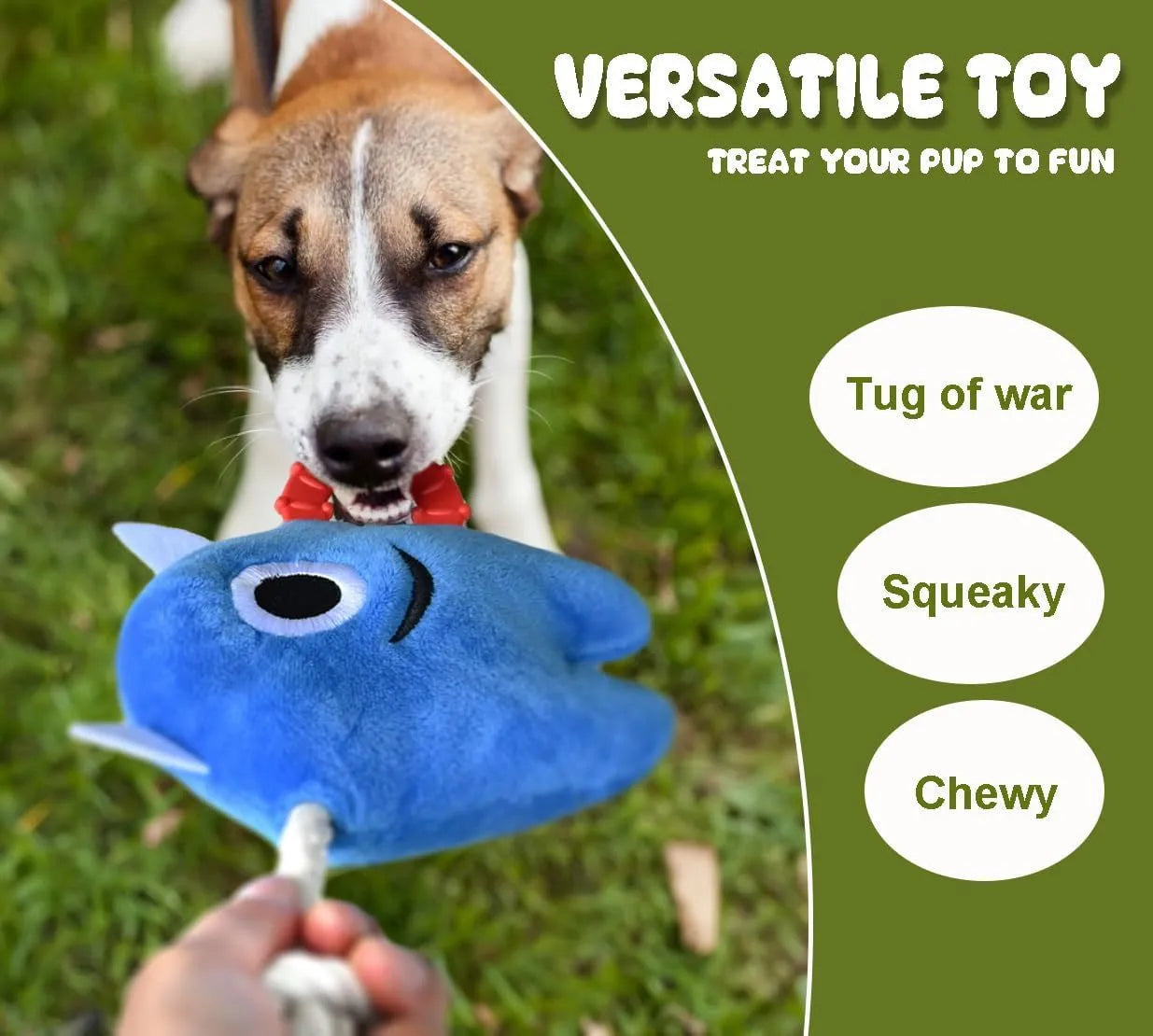 Blue and green monster-themed stuffed plush dog toy with integrated cotton rope and a squeaker.