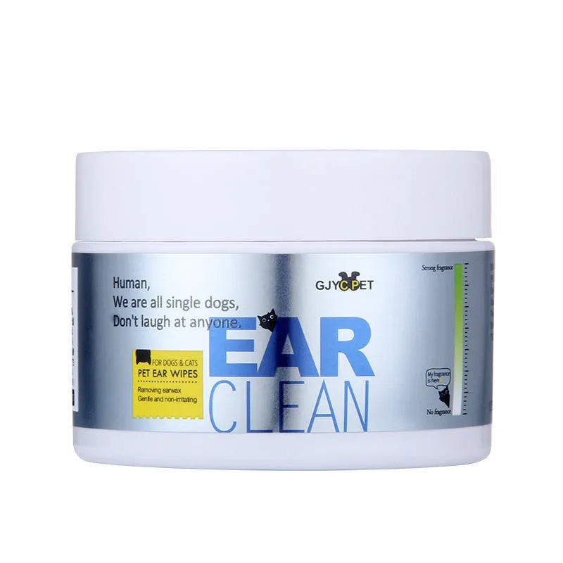 Bottles of pet foot cleaning foam and ear cleanse liquid next to packs of disposable pet wipes for dogs and cats.