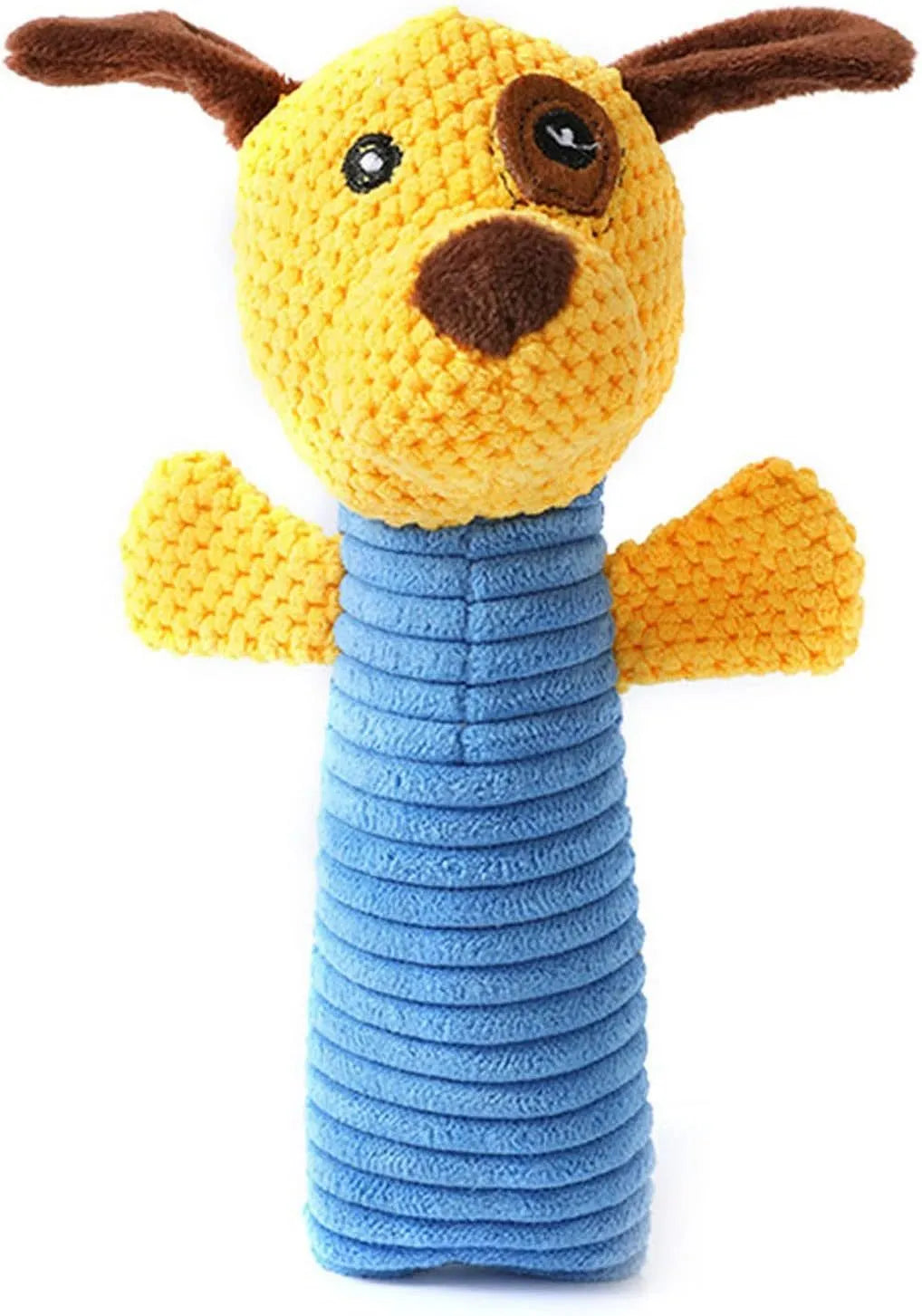 Soft plush dog chew toy in calf, frog, or puppy design with squeaker for dental care