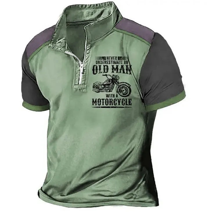 Men's grey casual polo shirt with a lapel collar, short sleeves, and a white digital letter print design on the chest.