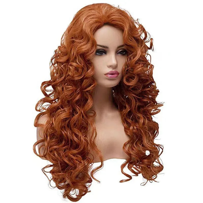 Brown long wavy curly costume wig displayed on included wig head cover