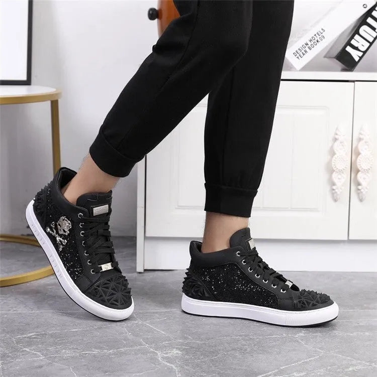 Men's black high-top skeleton shoes with genuine leather upper and lace-up closure