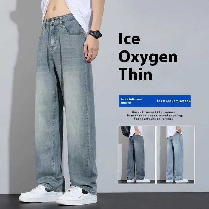 Man wearing straight-leg light blue denim casual trousers for leisure