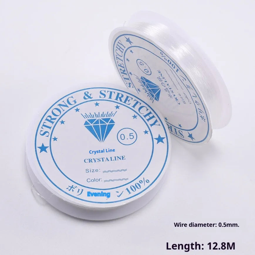 Spool of transparent white elastic thread with six diameter options shown for DIY crafts.