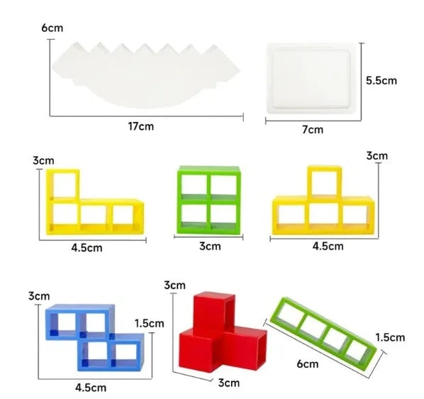 Plastic balance stacking board game with 16 colourful blocks, chassis, and base in a 26.5cm square box.