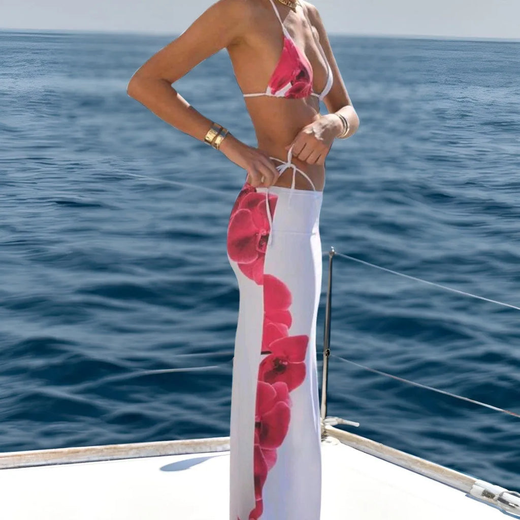 White printed bandage skirt bikini swimsuit three-piece set for women polyester beachwear