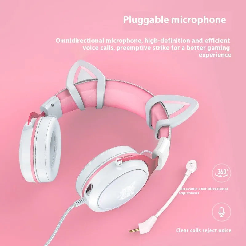 White wired gaming headset with pink cat ears, 3.5mm plug, and braided cable