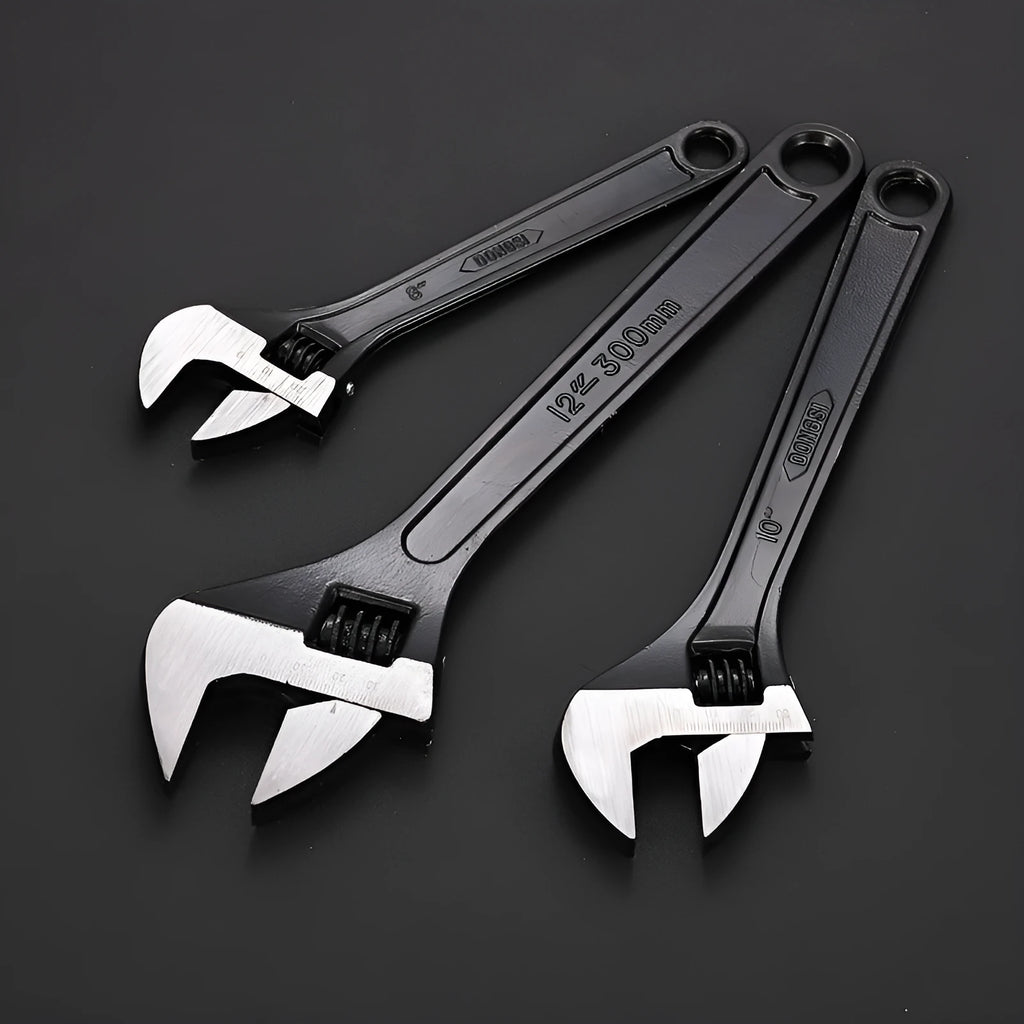 High-carbon steel open-end adjustable wrench with black finish on ergonomic handle.