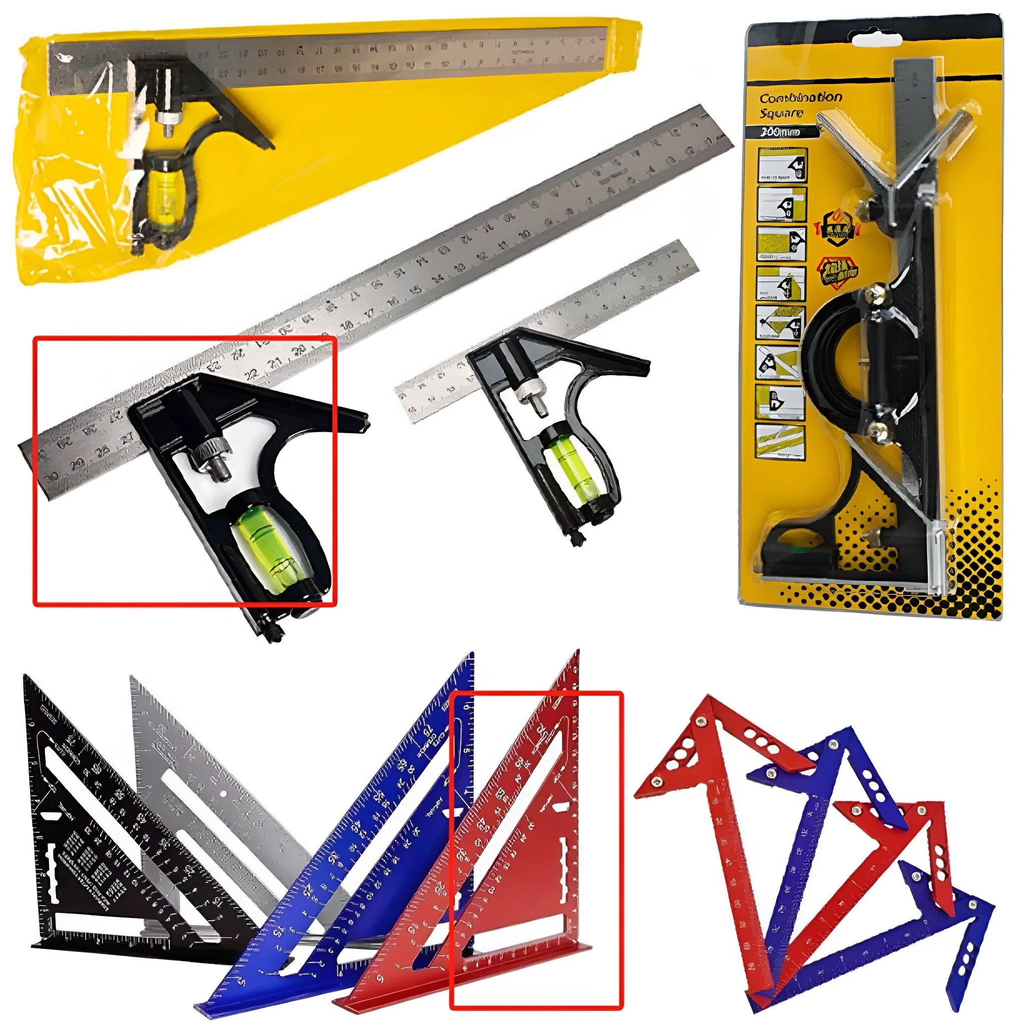 Red metal 7inch combination angle ruler with metric scale alongside base ruler in transparent storage bag