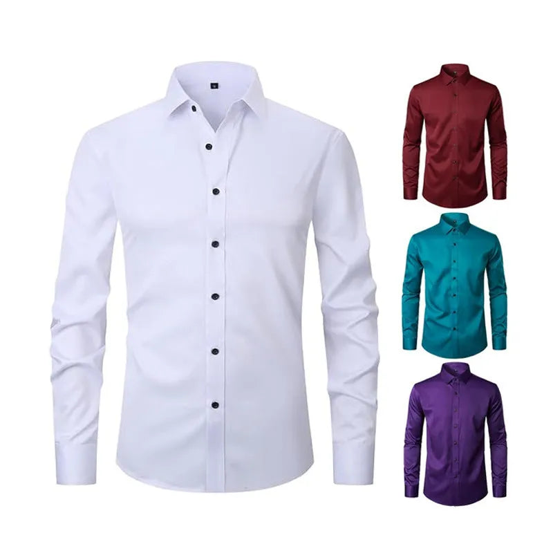 Man wearing a stretch long sleeve polyester work shirt in a neutral colour.