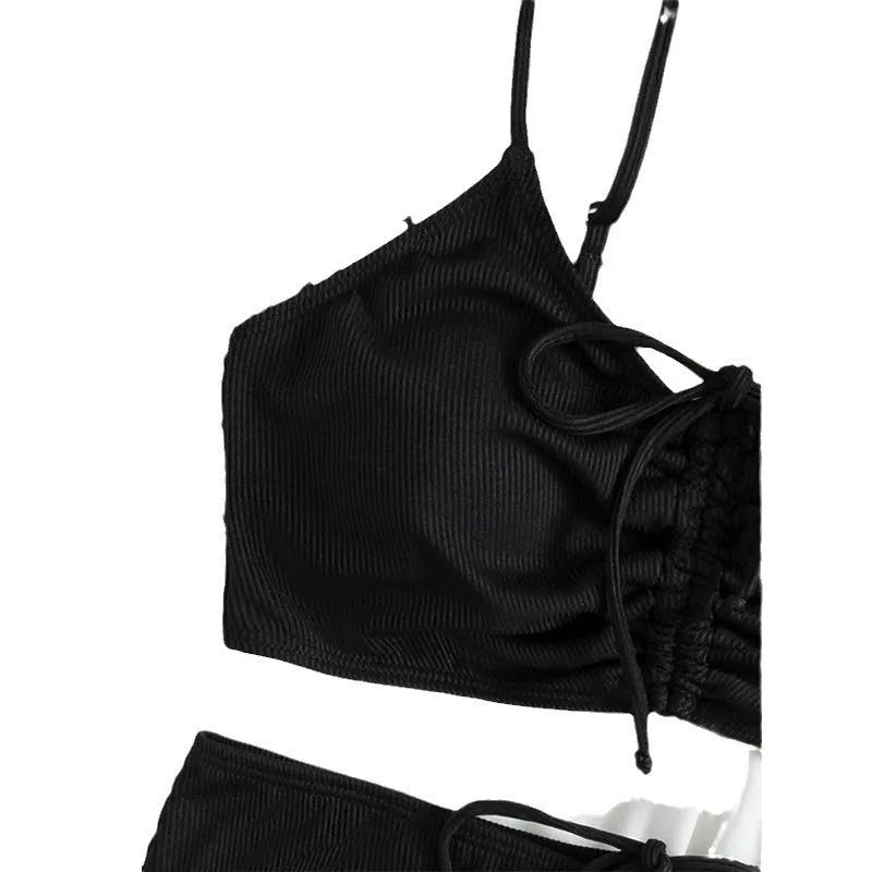 Black women's bikini swimsuit with high waist sling split bottoms and sleeveless top