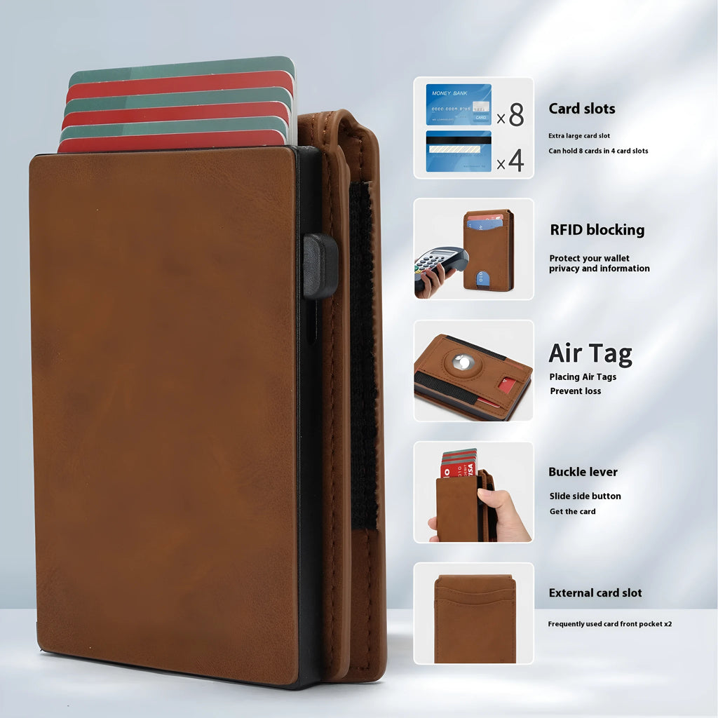 Men's slim RFID blocking card holder wallet in microfiber synthetic leather, shown in black, dark brown, and light brown.
