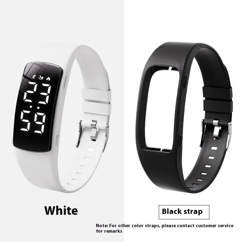 Waterproof vibration alarm clock watch with black silicone strap and LED display showing time