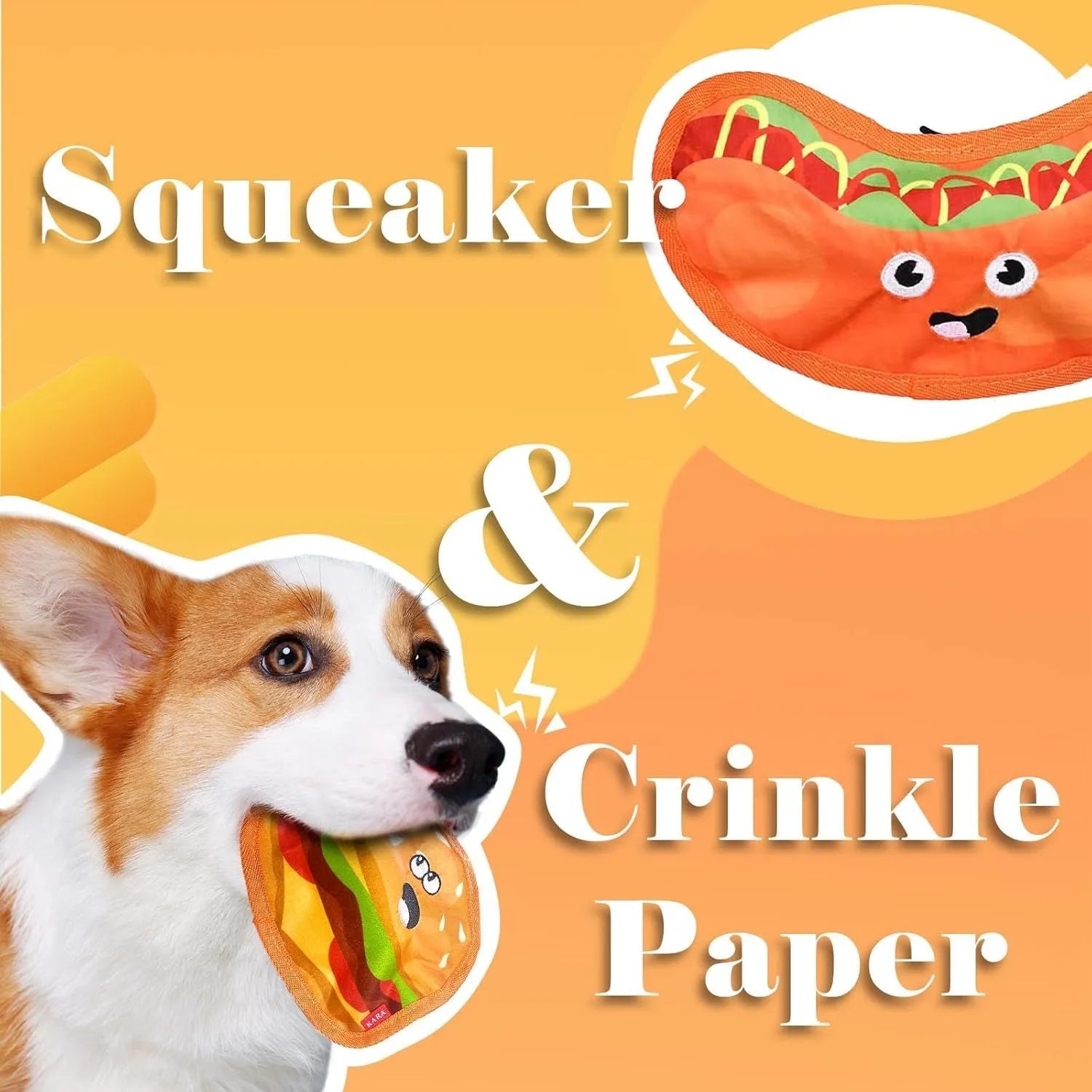 Hamburger-shaped dog chew toy in vivid colours showing crinkle and squeak features for interactive play.