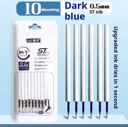 Ten bags of One Second Quick-drying gel pen refill bullets in black, blue, ink blue, and red colours.